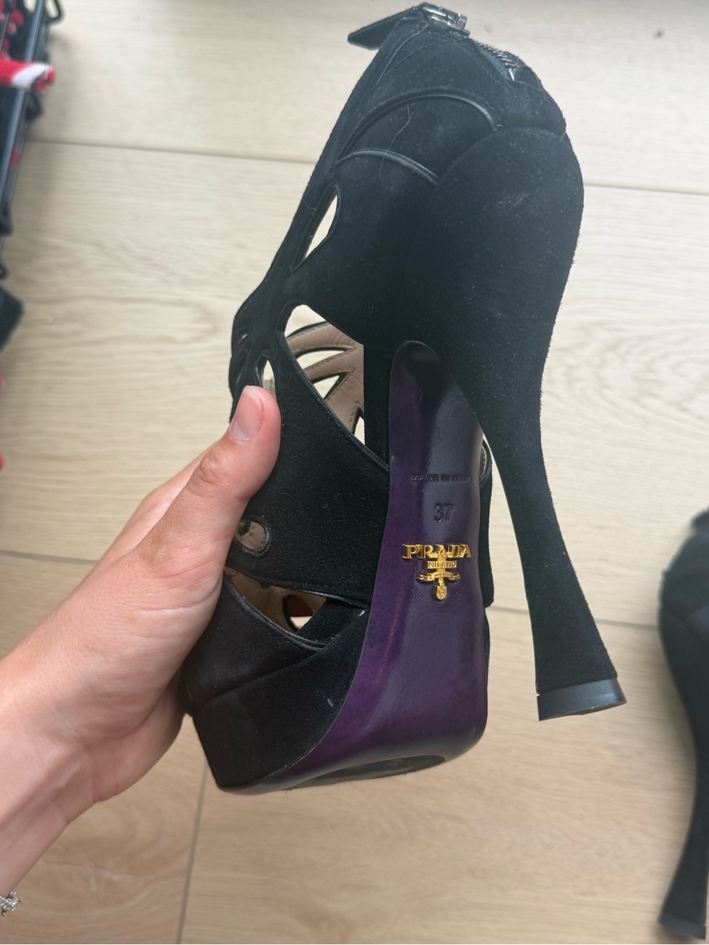 Prada Black Suede Cutout Platform Peep Toe Heels Size 37 - Picture 4 of 8